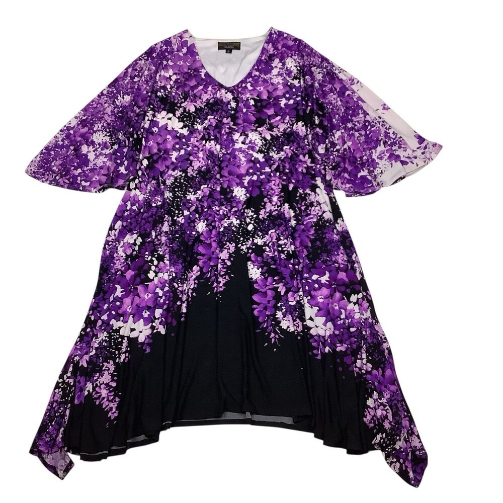 Purple Floral Flutter Sleeve Midi Dress Women 3X Handkerchief Hem Whimsigoth